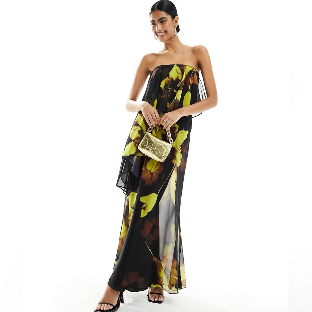 ASOS DESIGN bandeau double layer bias maxi dress in bold floral print